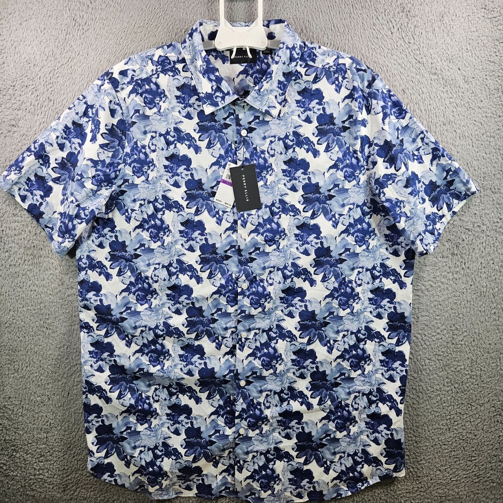 $89 NEW Perry Ellis Shirt Men 2XLT Stretch Button Short Sleeve Floral Blue White